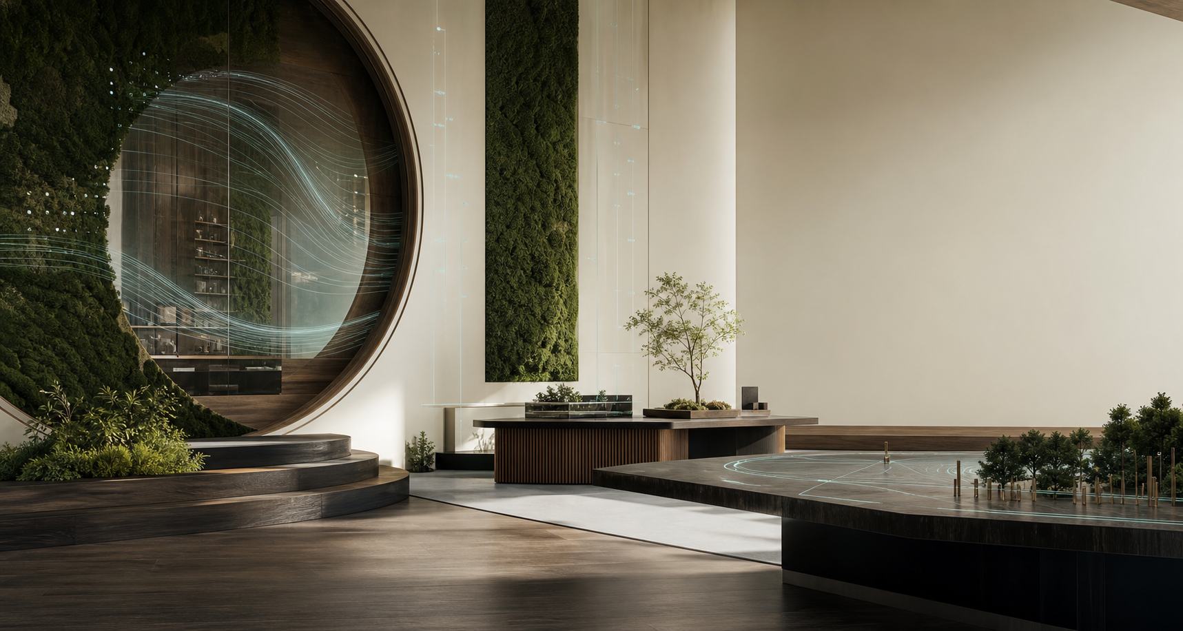 Biophilic interactive studio with natural materials and procedural light threads