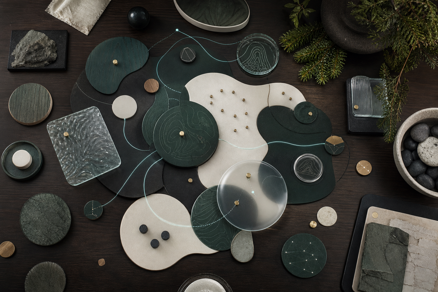 Organic studio systems map with tactile materials and interaction paths
